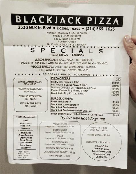 Menu De Blackjack Pizza