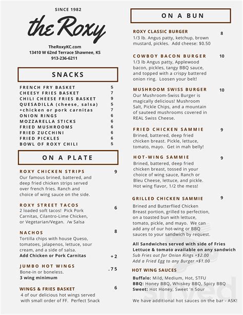 O Casino Roxy Menu